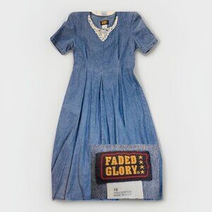 Vintage Faded Glory Denim Dress Size 10 Floral Embroidery Western Cottage Core